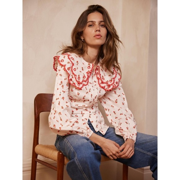 Mint Velvet Strawberry Print Scalloped Collar Blouse Pink/Red Women's Size 6 - Picture 2 of 12